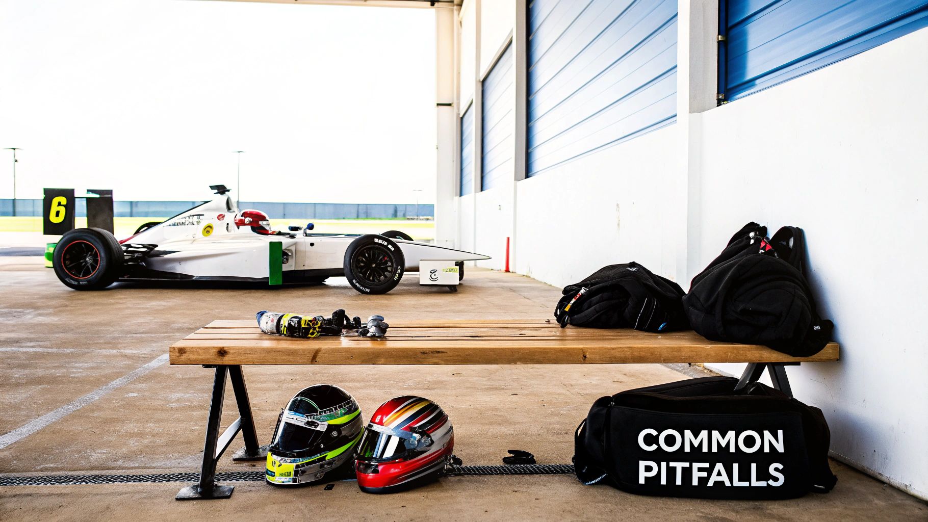 A race car with number 6 in a pit area, with racing helmets and gear on a bench and floor.