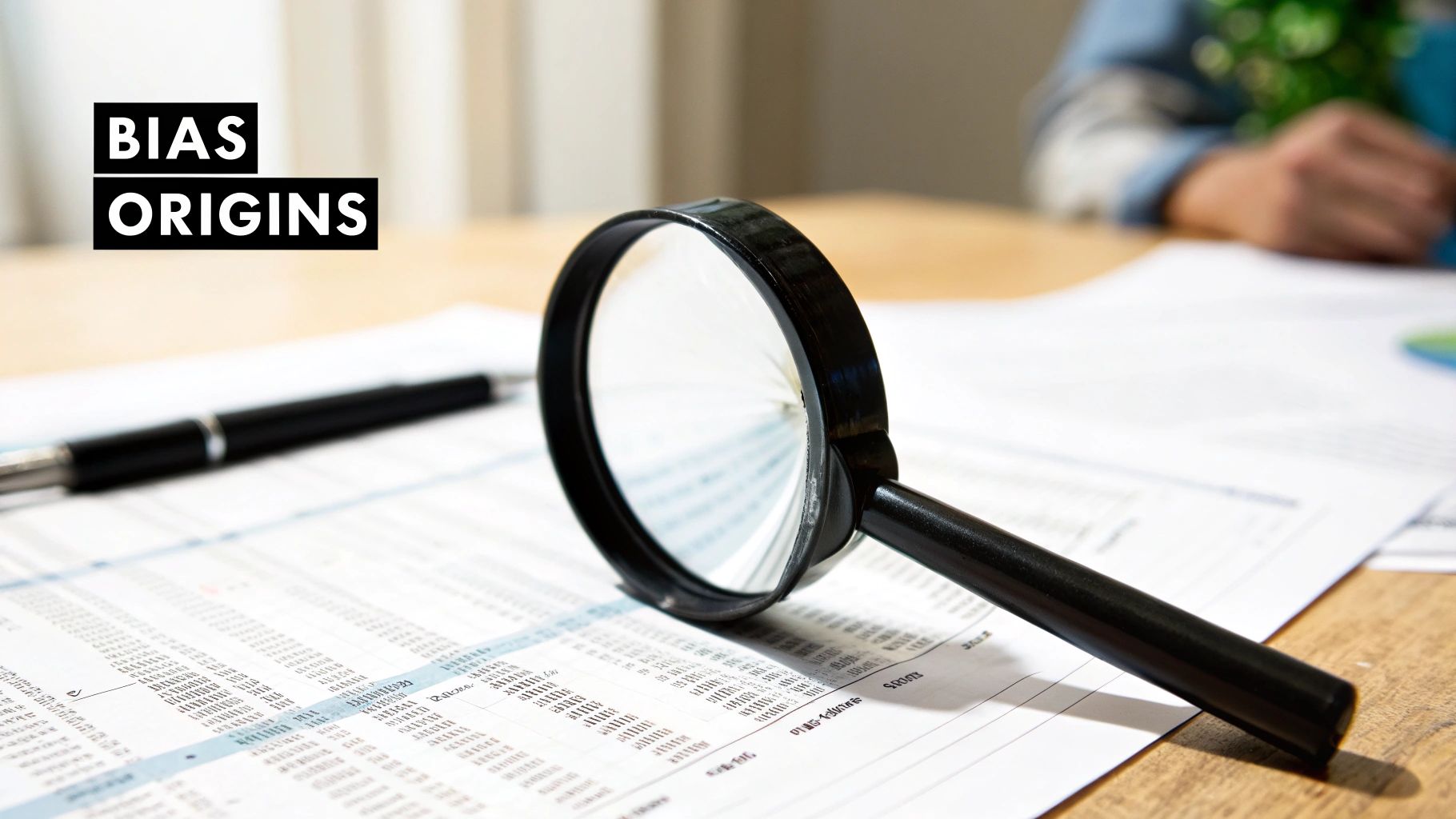 A magnifying glass and pen on a document with numbers, representing an investigation into bias origins.