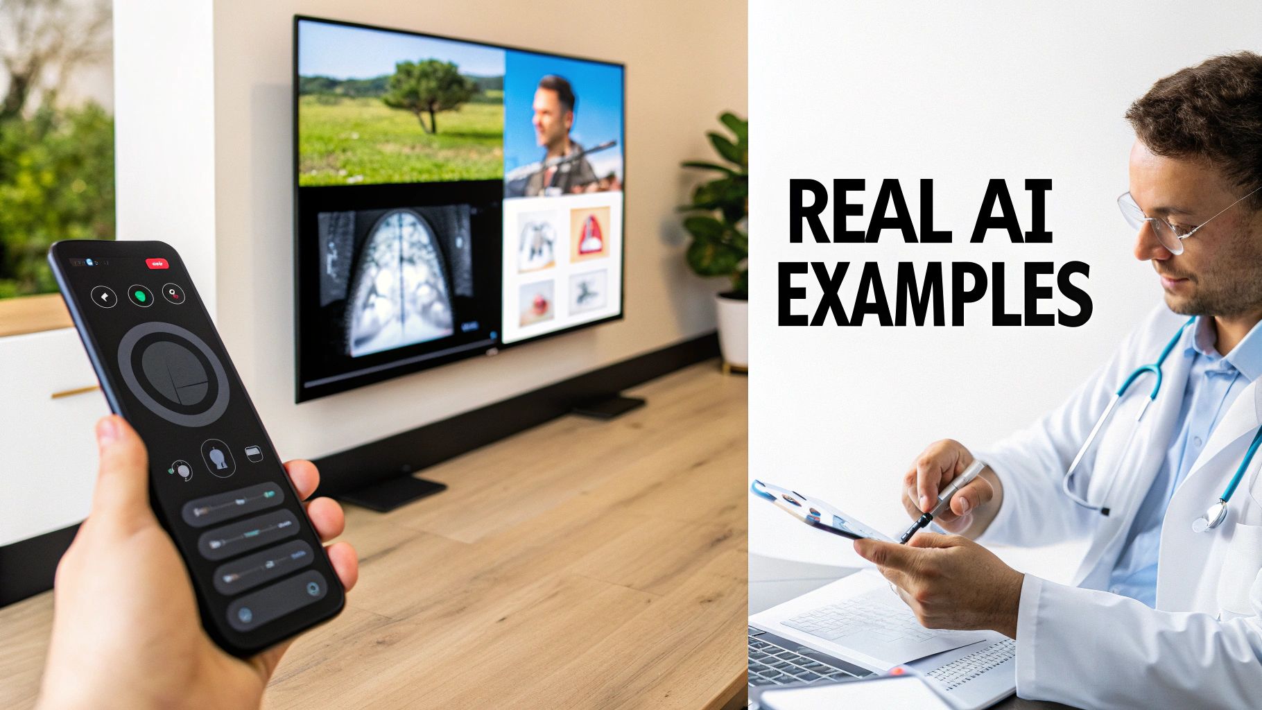 A hand holds a smartphone controlling a split-screen TV, while a doctor reviews data next to 'REAL AI EXAMPLES' text.