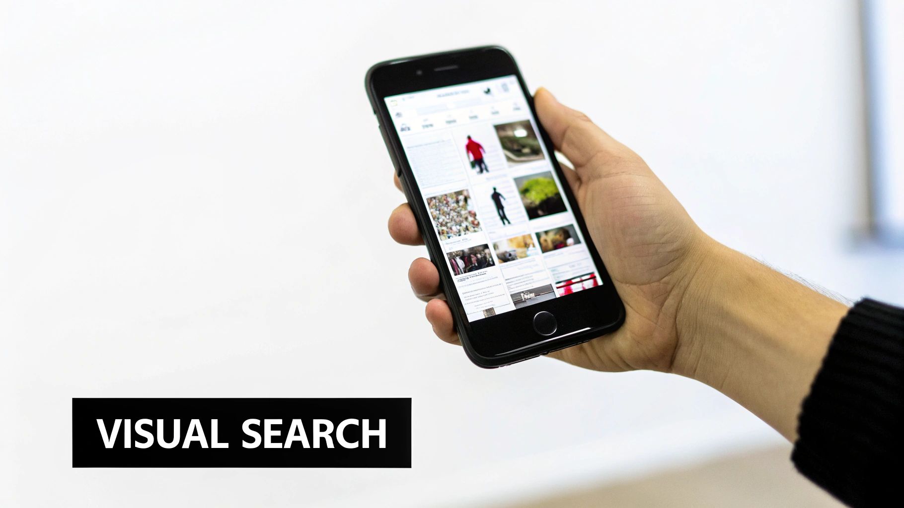 A hand holds a black smartphone displaying a visual search results page with various images.
