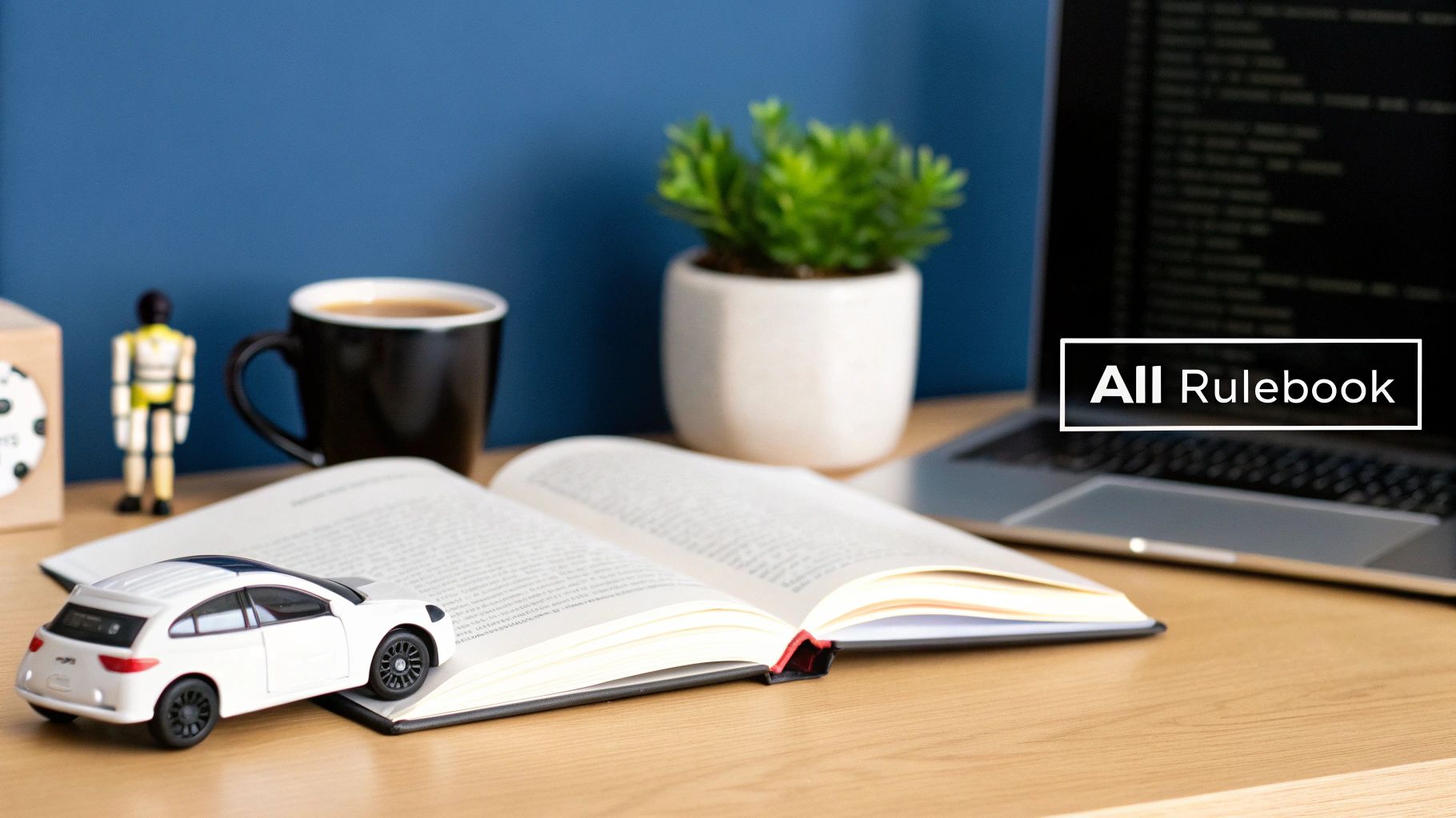 A detailed desk setup featuring an open book, a toy car, a coffee mug, a plant, and a laptop with 'AII Rulebook' on screen.