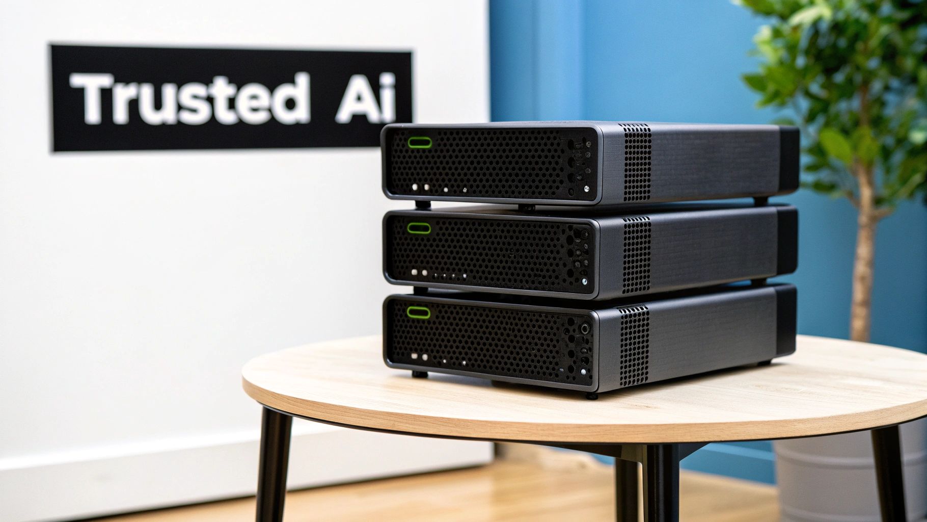 Three black computing devices stacked on a wooden table in front of a 'Trusted Ai' sign.