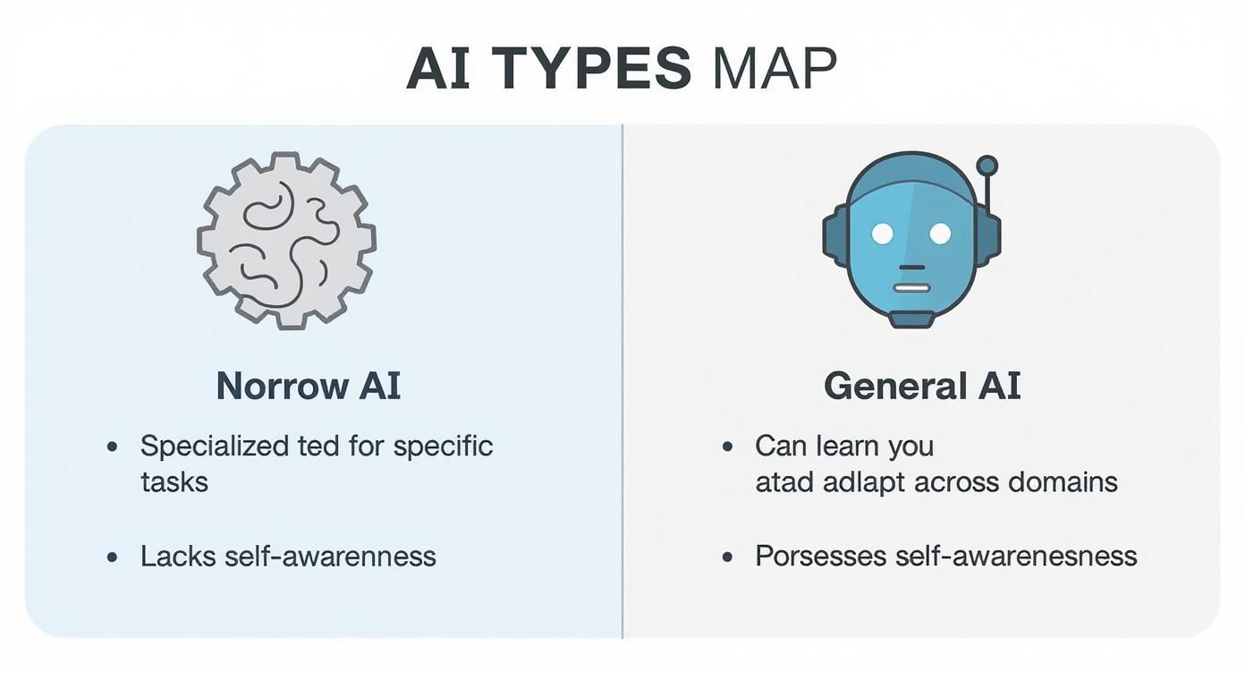 Infographic comparing Narrow AI and General AI.