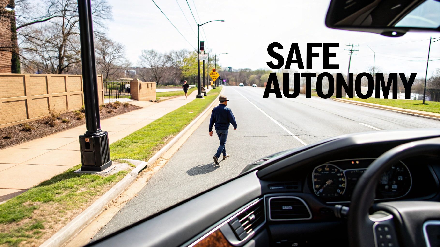 Autonomous vehicle dashboard view detecting pedestrian crossing street demonstrating safe self-driving technology