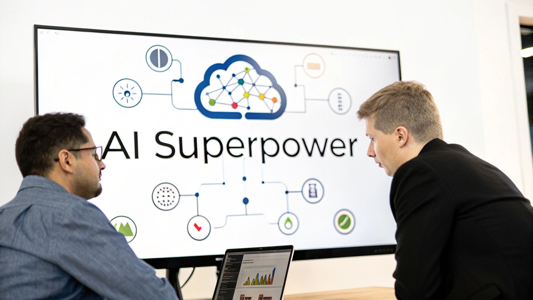 Two men observe a large screen displaying 'AI Superpower' and cloud computing graphics in an office.