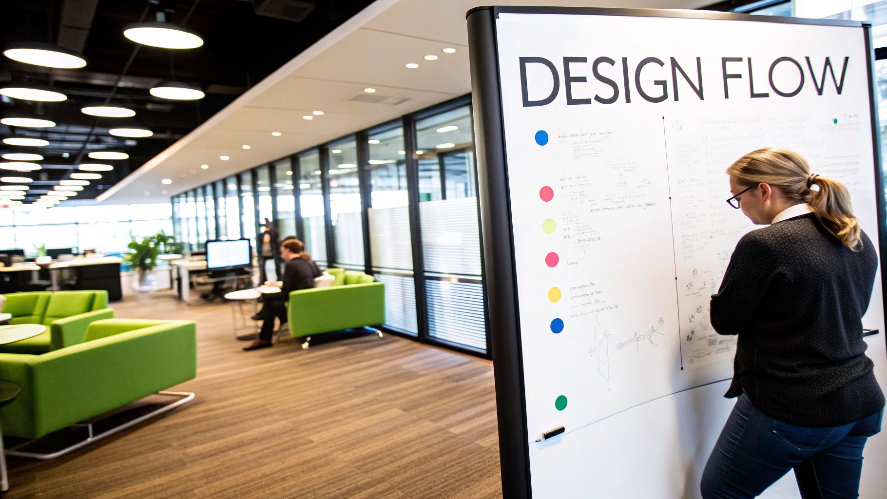 A person at a desk sketching out a chatbot conversation flow on a notepad, with sticky notes on the wall behind them.