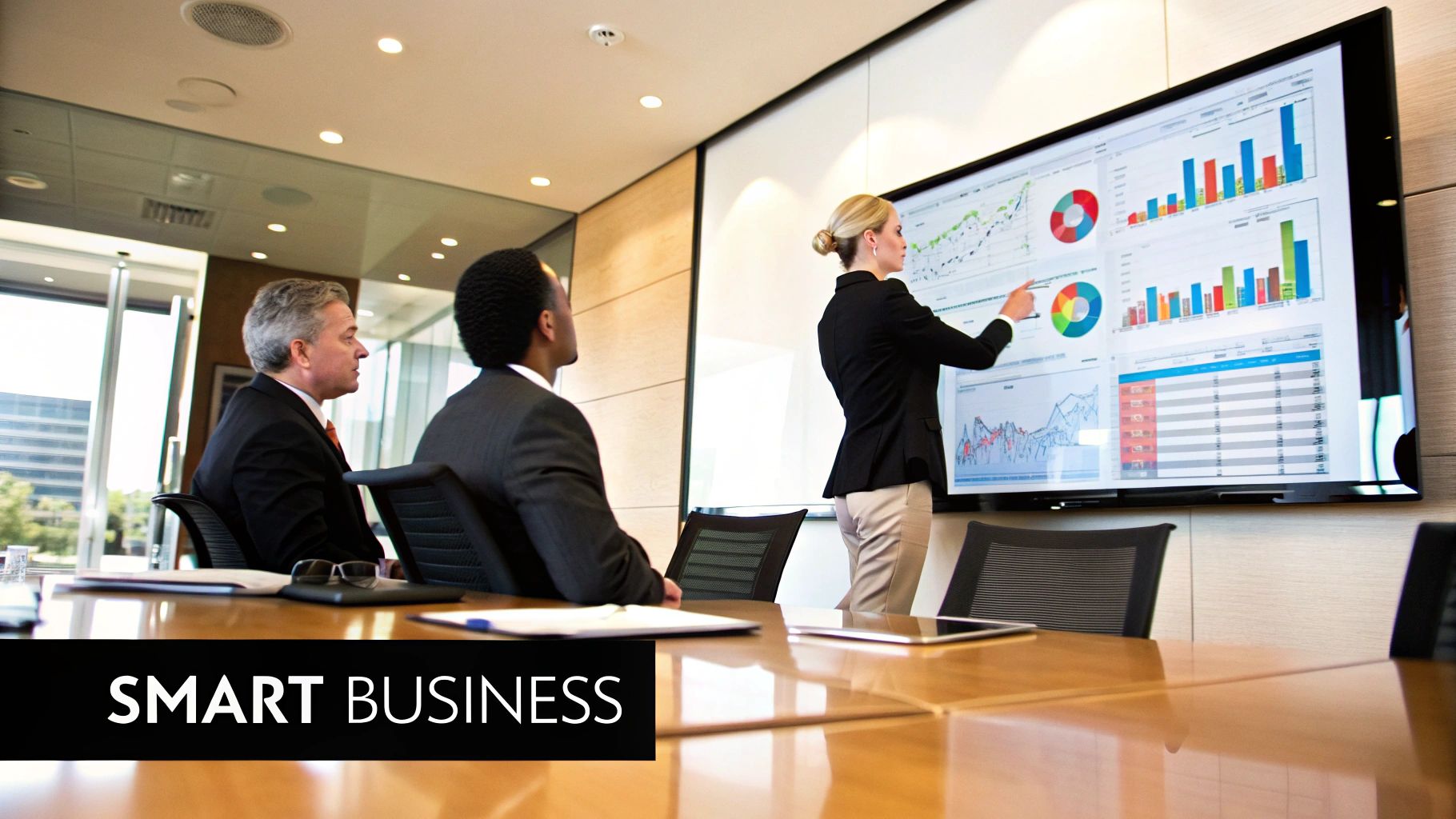 A professional in a modern office using a tablet with data visualizations, indicating AI-driven business insights.