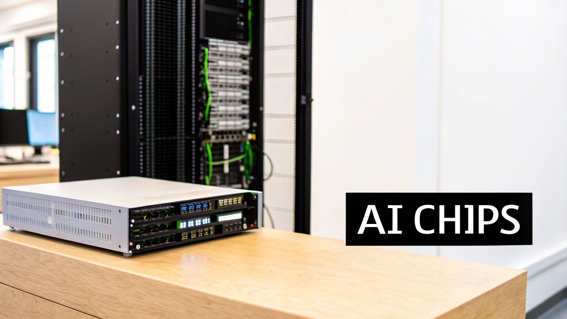 A server unit on a wooden desk with a data server rack in the background, featuring "AI CHIPS" text.
