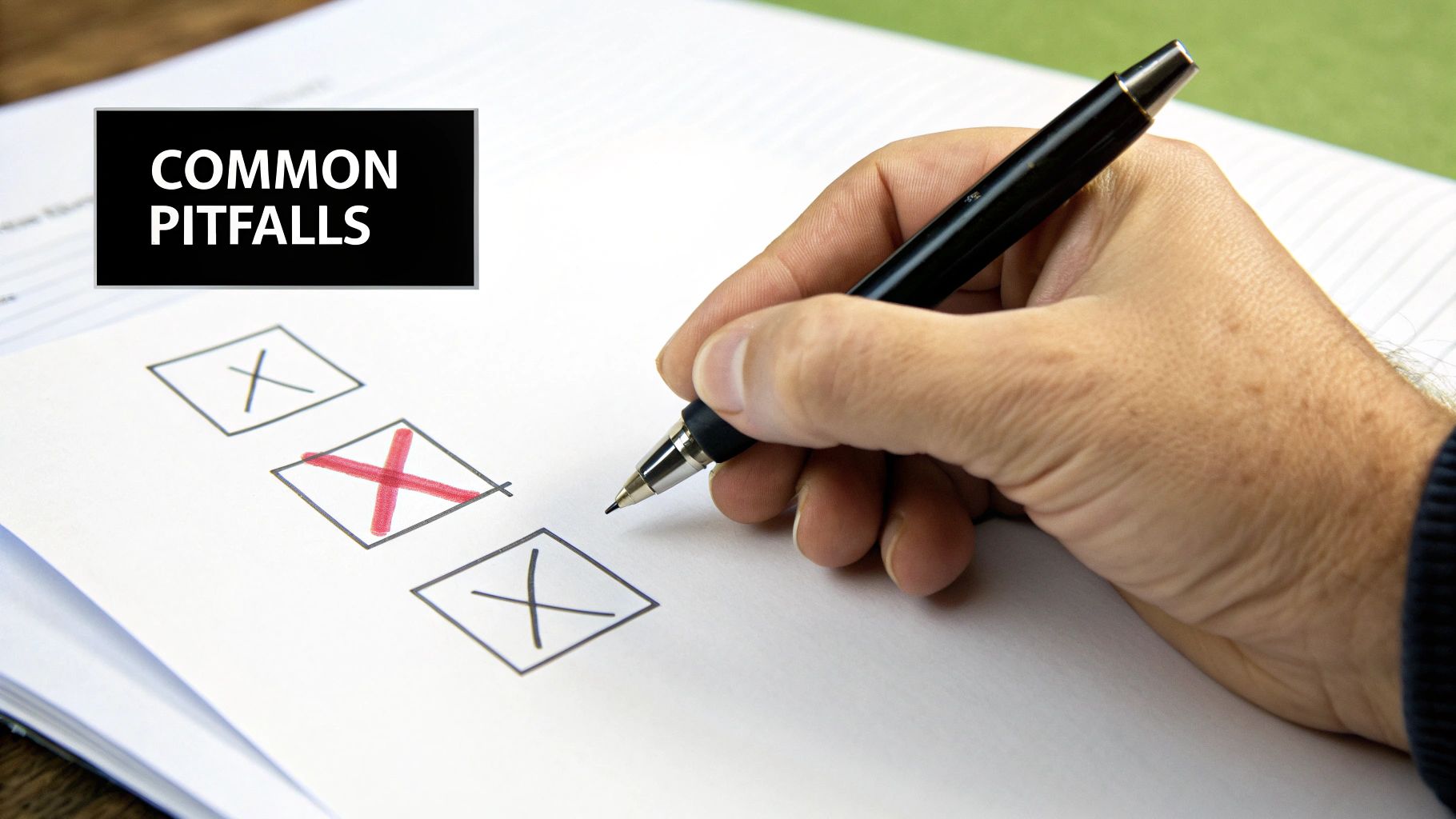 A hand holds a pen, marking a red 'X' on a checkbox on a paper titled 'COMMON PITFALLS'.