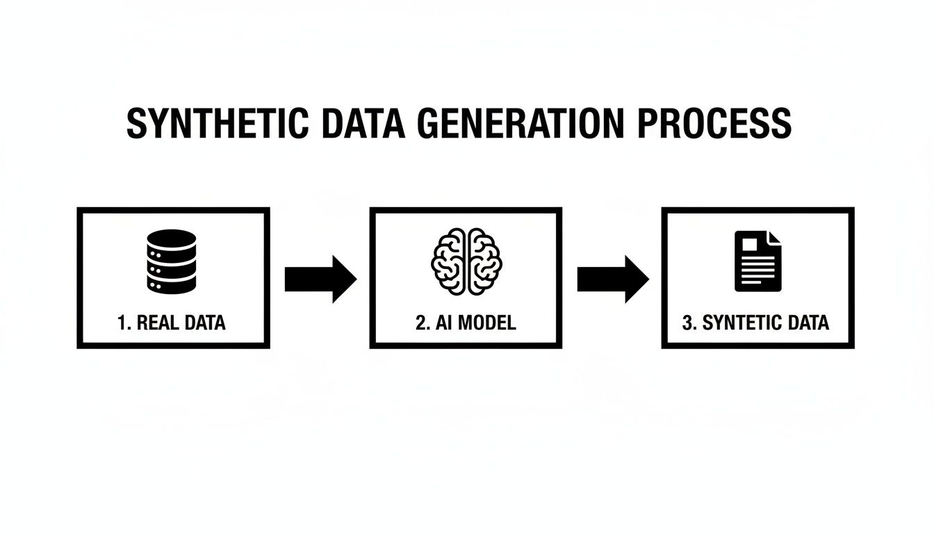 A diagram illustrating the three-step synthetic data generation process using real data and an AI model.