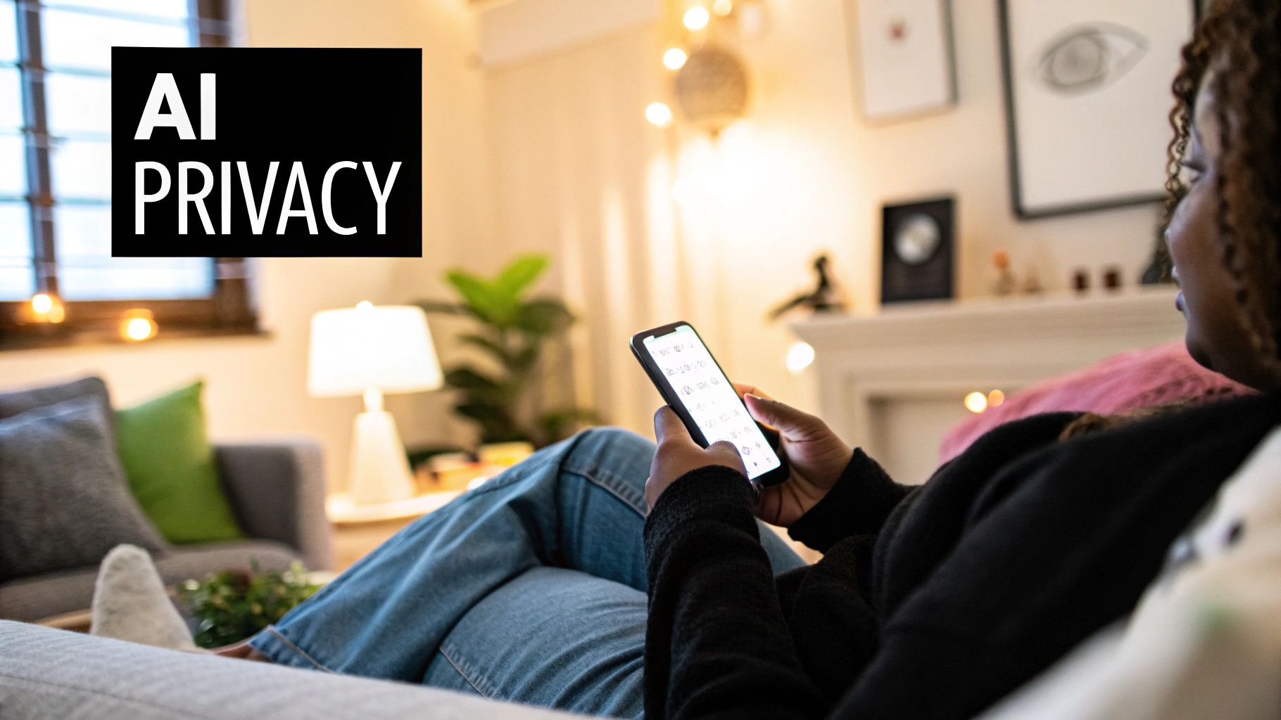 A person looking thoughtfully at a digital interface showing interconnected data points and a padlock symbol, representing AI and privacy.