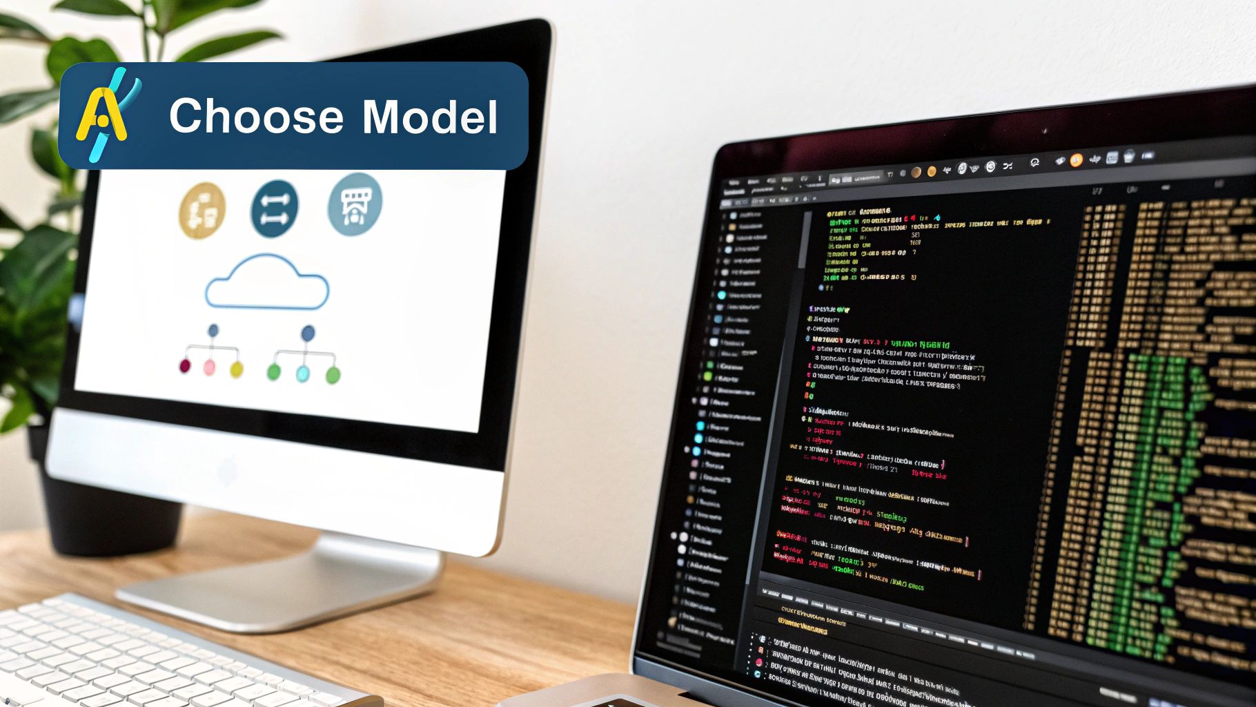 A digital illustration of interconnected nodes and tools, representing AI models and development environments.