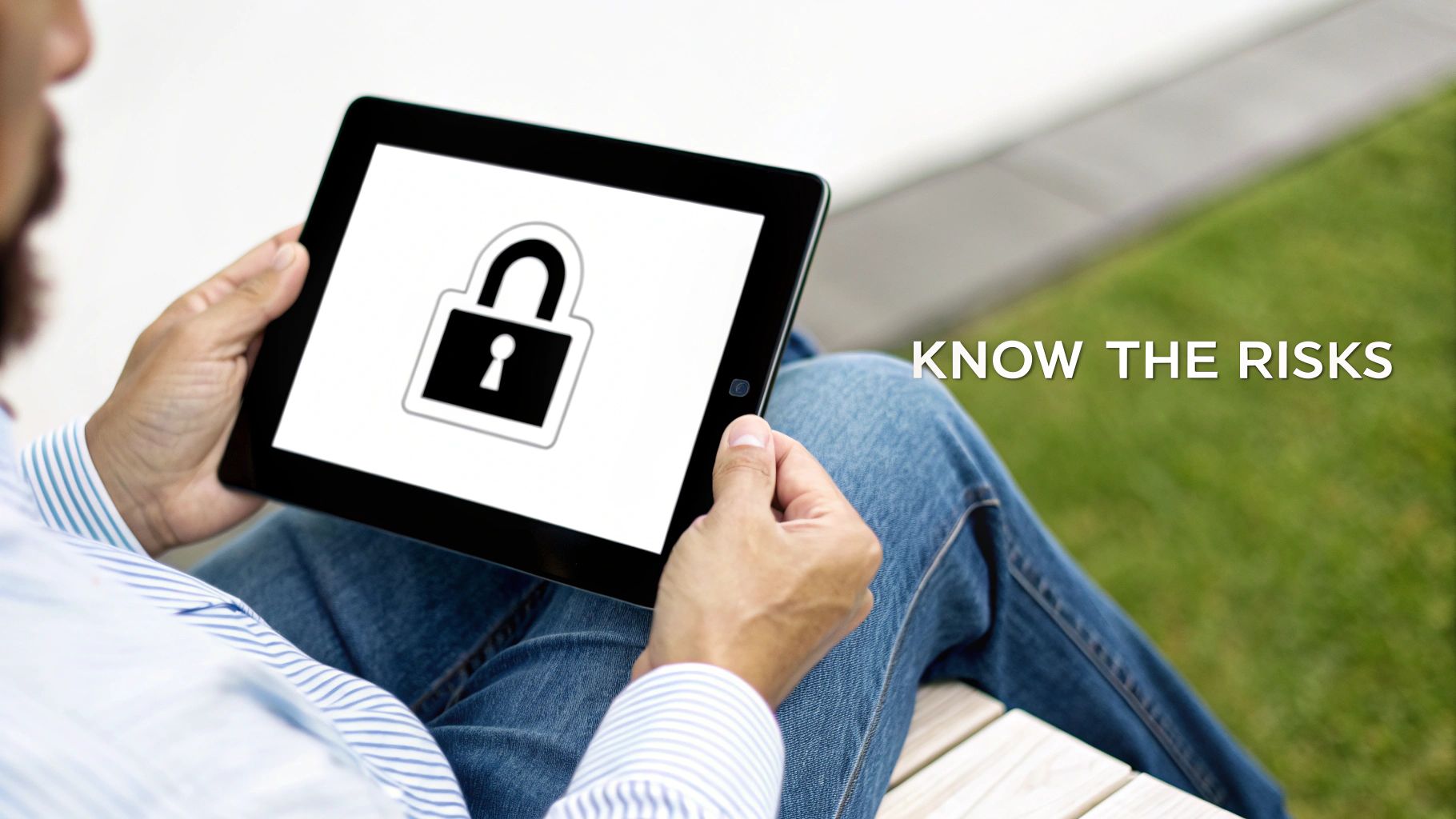A person holds a tablet displaying a lock icon and the text 'KNOW THE RISKS', symbolizing digital security awareness.