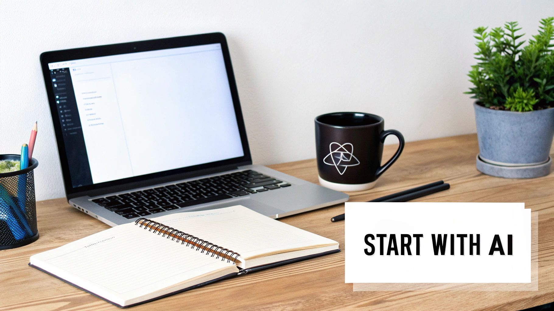 A person sitting at a desk with a laptop, looking at a screen with futuristic AI-related graphics.