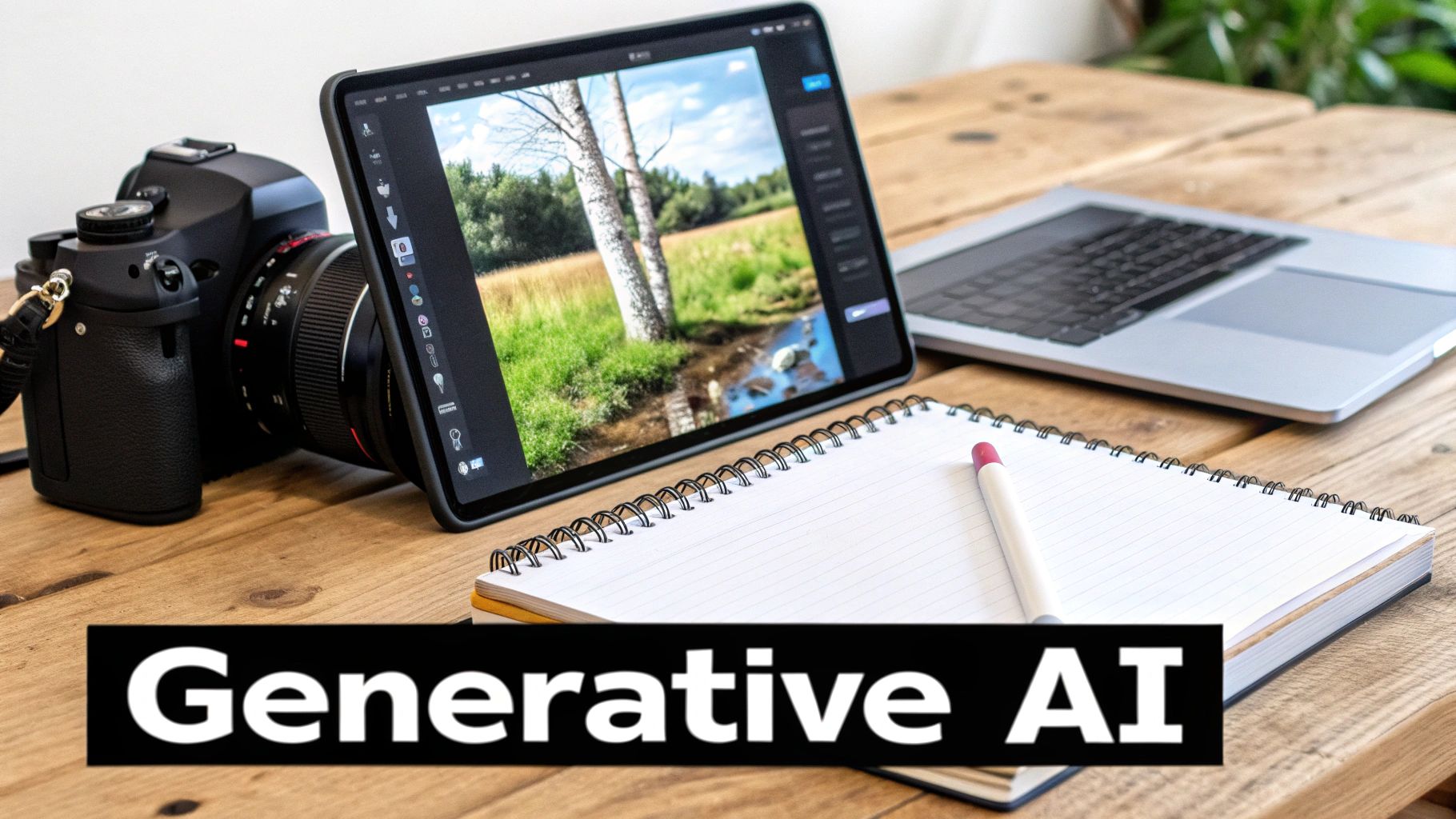 A digital camera, tablet displaying a landscape image, laptop, and notebook on a wooden desk with 'Generative AI' text.
