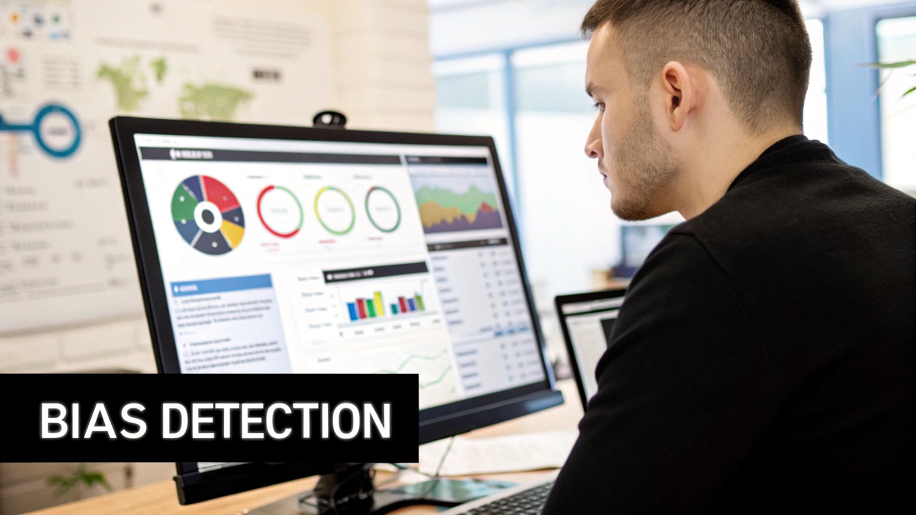 A stylized image showing a human hand passing a glowing orb of data to a robotic hand, symbolizing the transfer of human bias to AI.