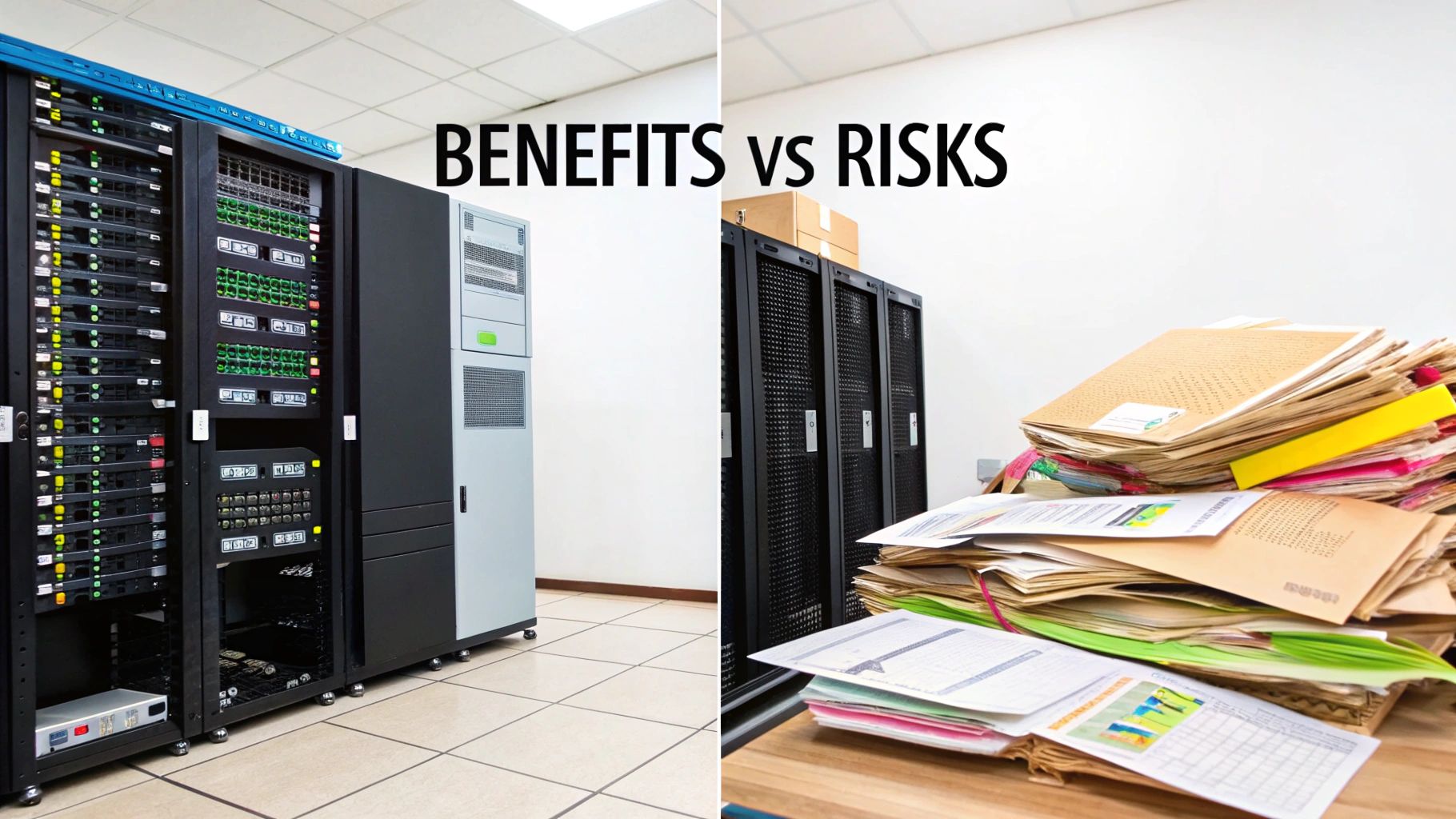 Digital server racks symbolize benefits, while chaotic paper documents highlight risks in data management.