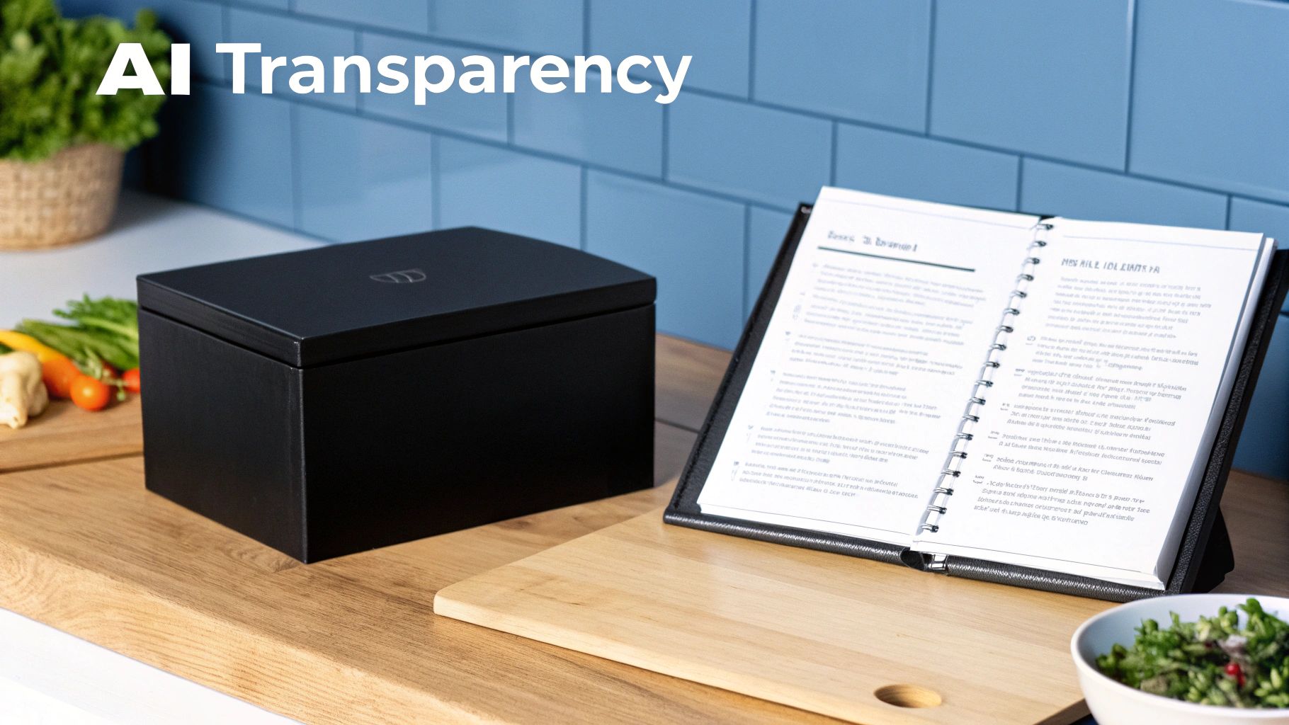 A neatly arranged kitchen counter featuring a black box and an open recipe book.