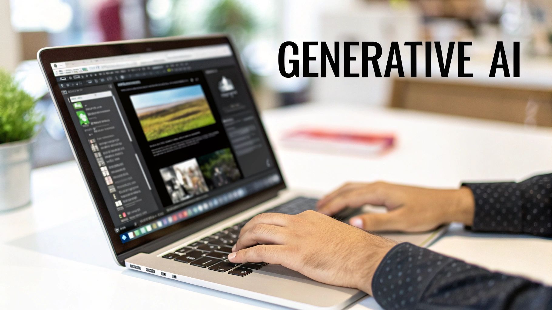 Person typing on a laptop displaying images, with 'GENERATIVE AI' text overlay.