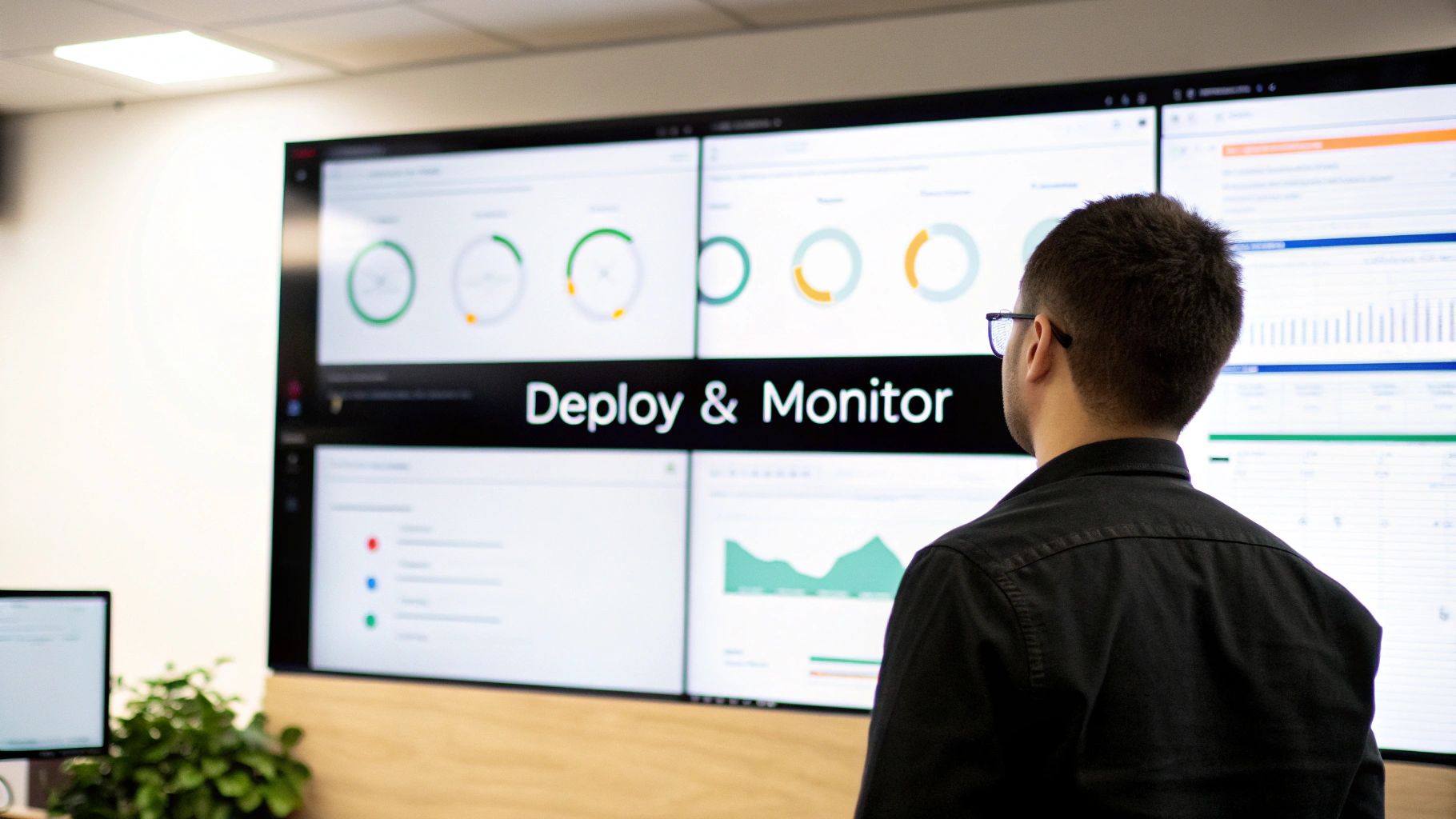 A person viewing a large multi-screen dashboard displaying 'Deploy & Monitor' and data visualizations.