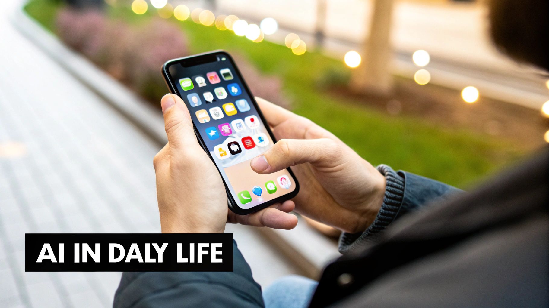 Person's hands holding and using a smartphone displaying app icons against a blurred outdoor background.