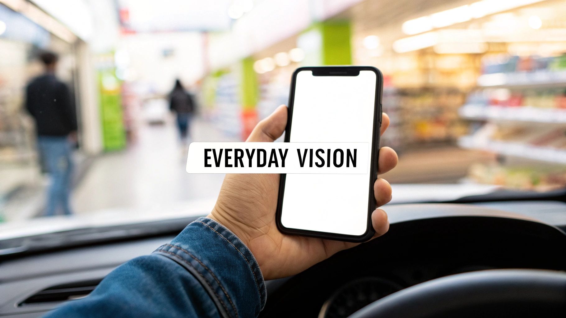A hand holds a smartphone with "EVERYDAY VISION" text, blurring a supermarket in the background.