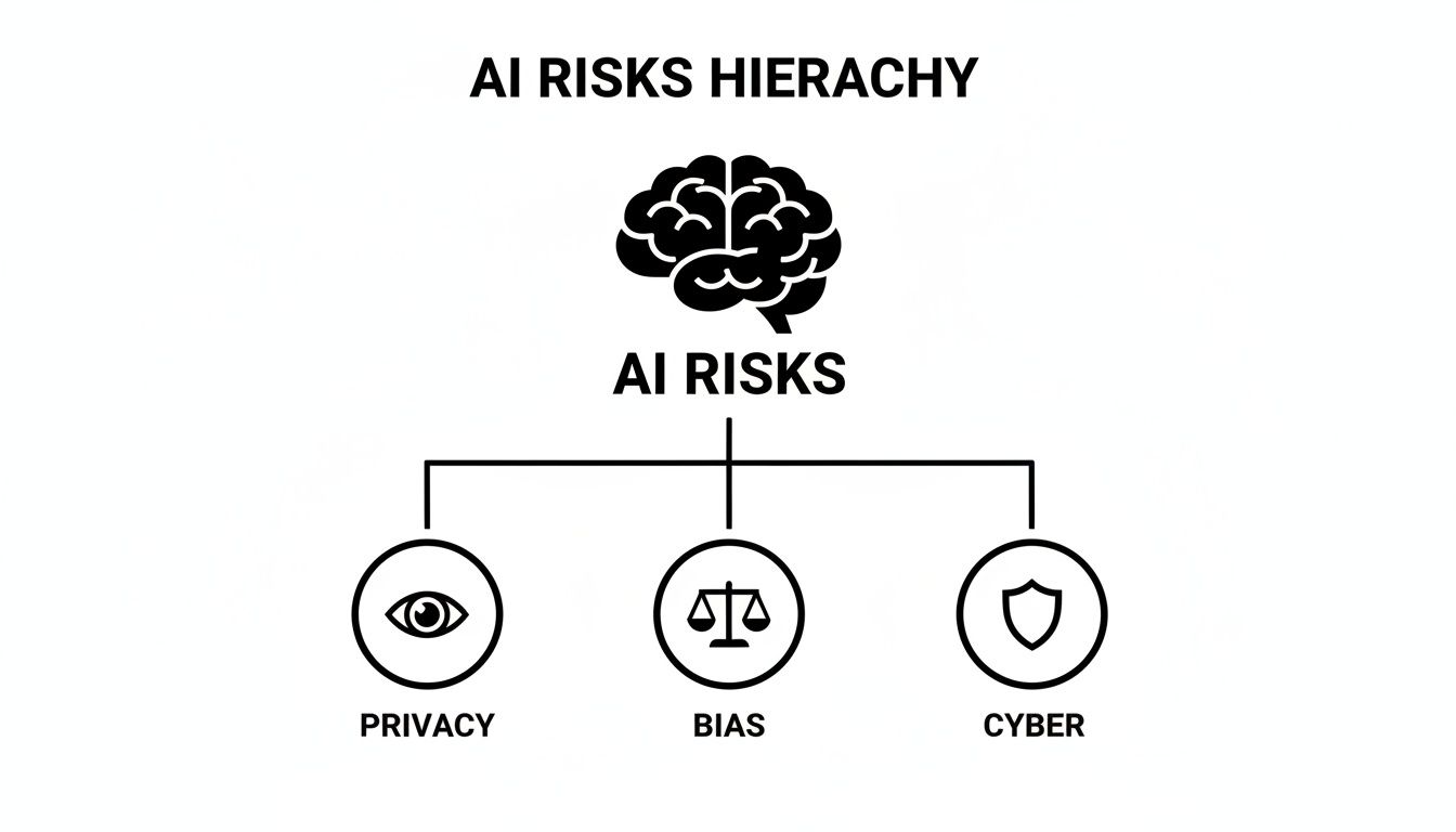 A diagram illustrating the 'AI Risks Hierarchy' with a brain icon branching into Privacy, Bias, and Cyber.