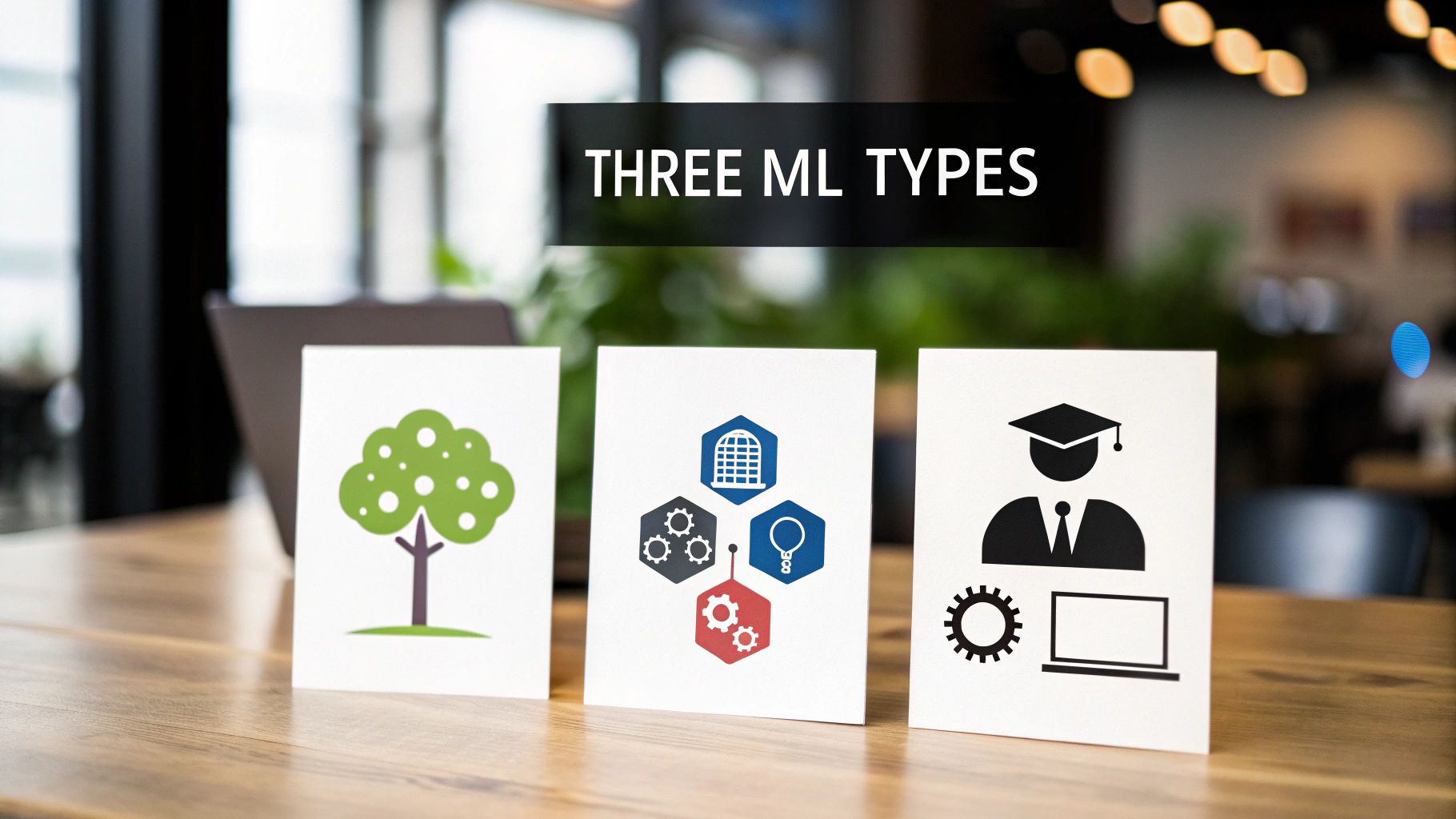 A diagram showing the three main types of machine learning with icons for each