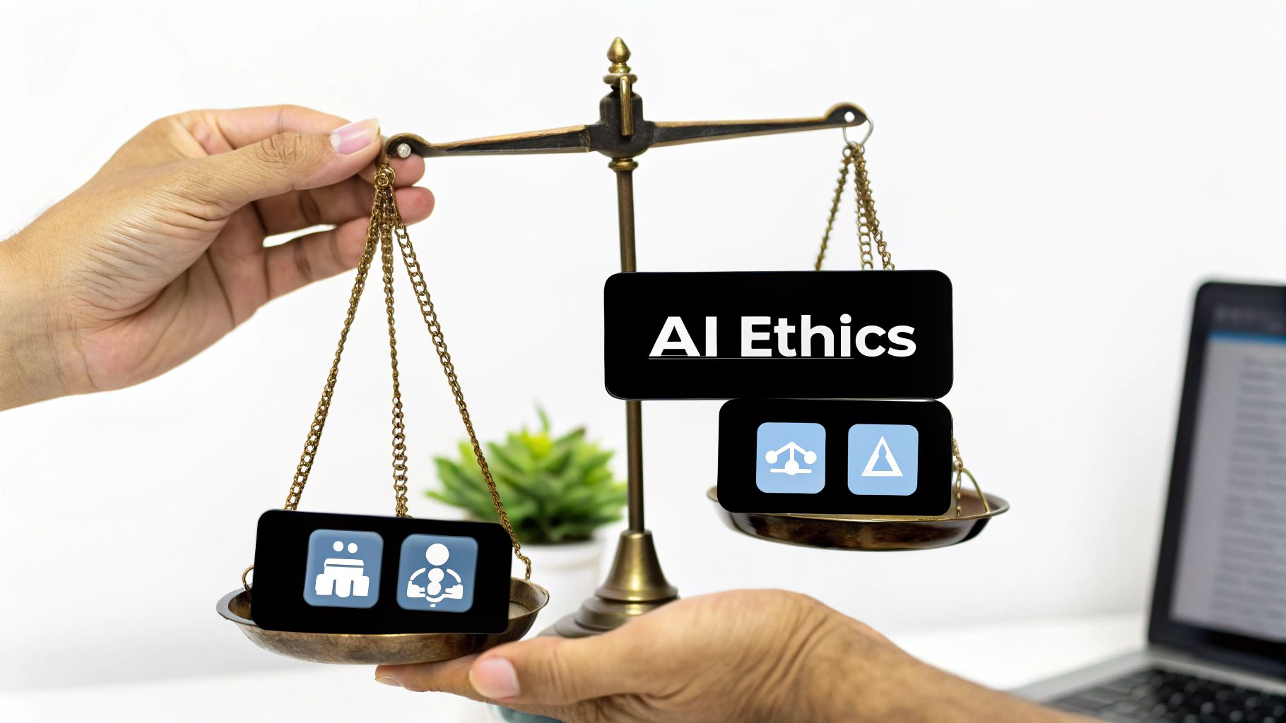 Hands holding a balance scale weighing "AI Ethics" against human values and societal impact.