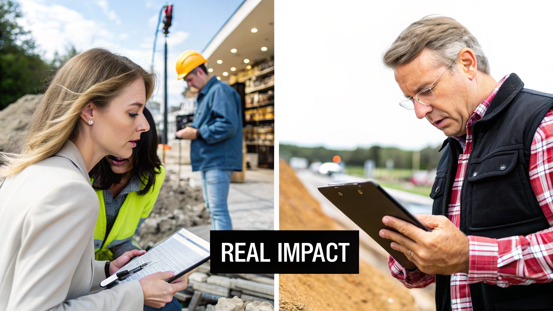 Professionals on construction sites reviewing documents and plans, demonstrating real impact in their work.