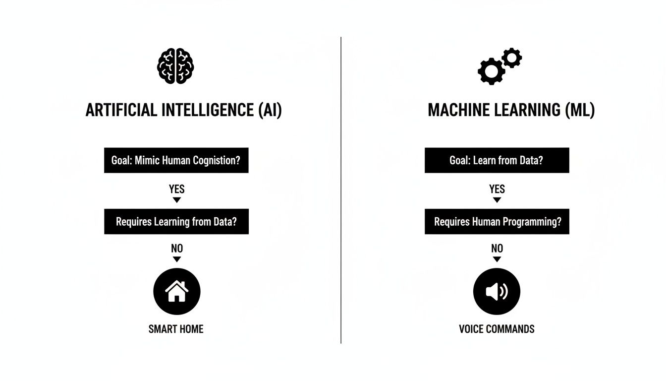 Flowchart comparing Artificial Intelligence and Machine Learning, outlining their goals and requirements.