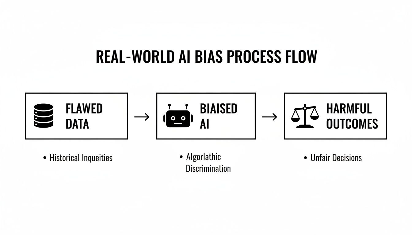 Diagram illustrating the real-world AI bias process flow, showing flawed data leading to biased AI and harmful outcomes.