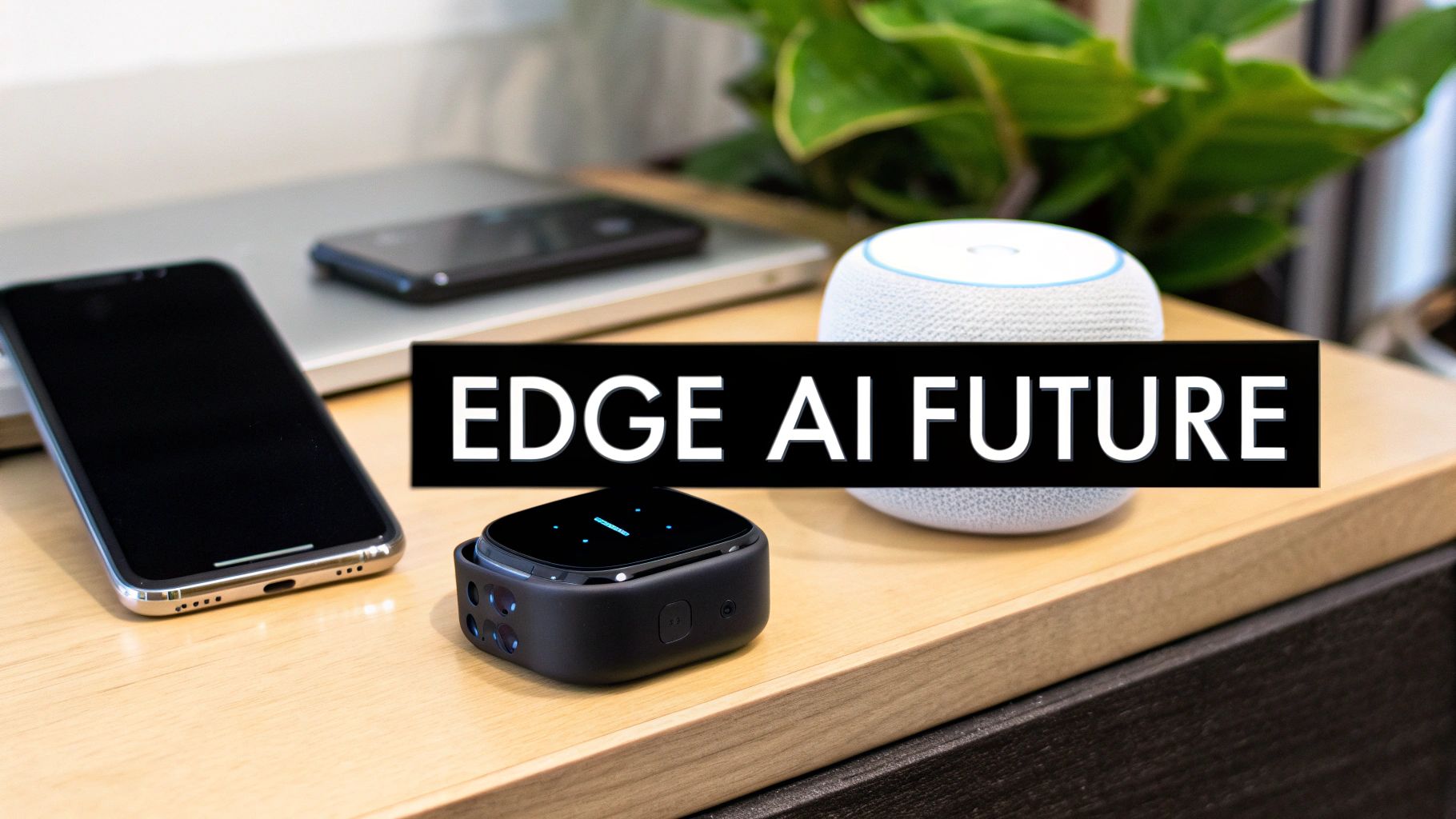 Electronic devices: smartphone, smart speaker, and edge AI device, with 'EDGE AI FUTURE' text.