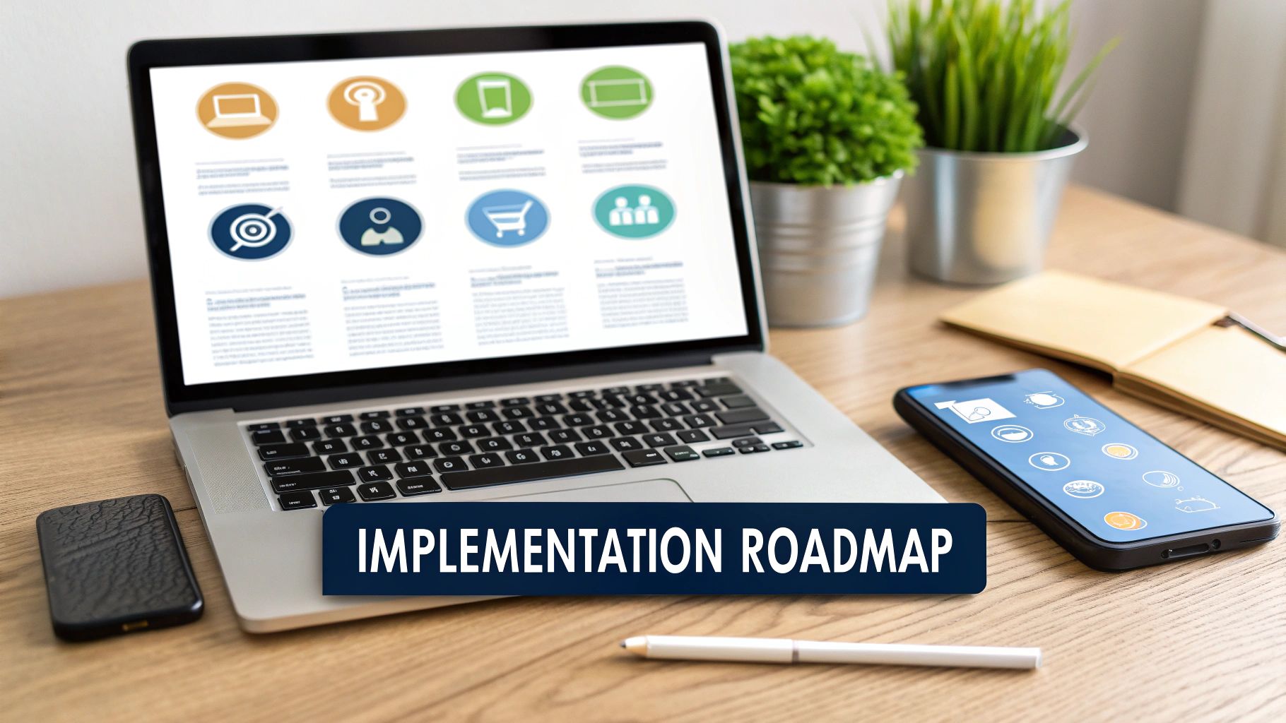 A laptop displaying an implementation roadmap with icons and text, alongside a smartphone, pen, and plants on a wooden desk.