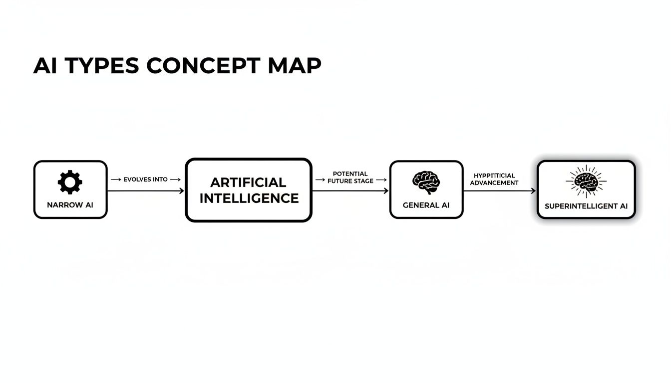 A concept map illustrating the evolution of AI: Narrow AI evolves into Artificial Intelligence, then potentially General AI, and finally Superintelligent AI.
