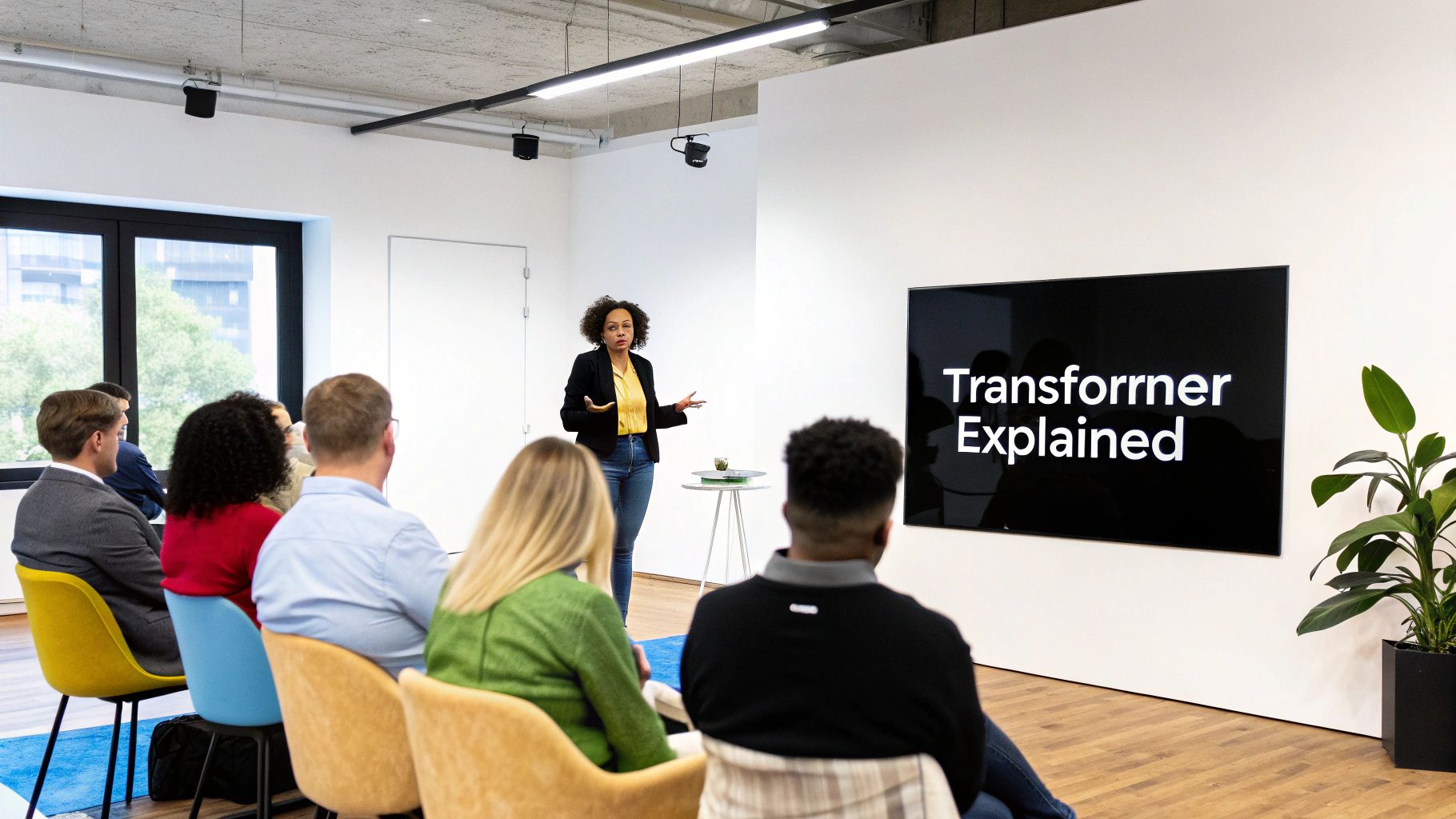 A woman presents 'Transformer Explained' on a large screen to an audience in a modern office setting.