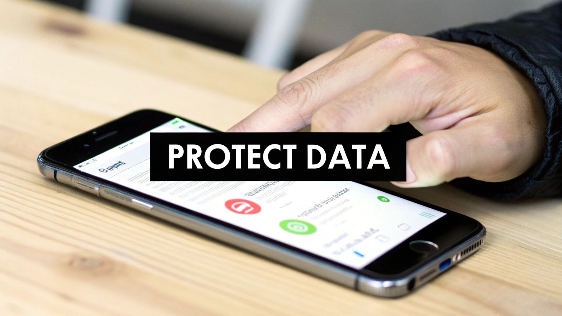 A person using a smartphone with a shield icon overlaying the screen, symbolizing digital data protection and privacy control.