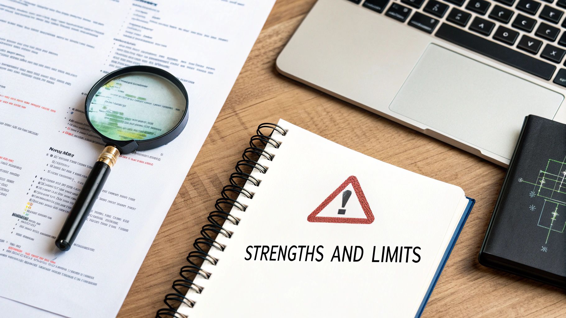 A desk with documents, a magnifying glass, a laptop, and a notebook titled 'Strengths and Limits'.