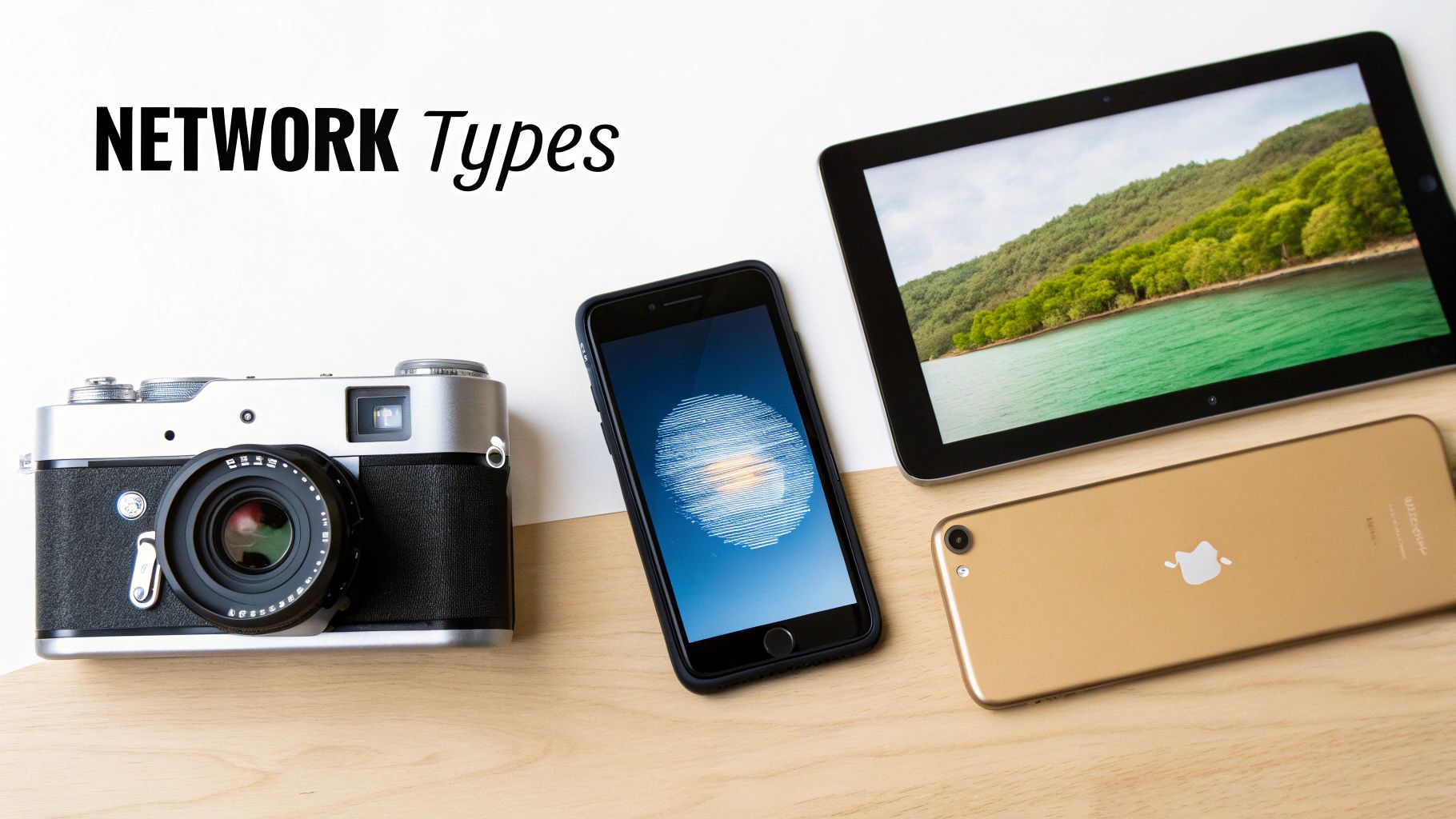 A flat lay of a vintage camera, two smartphones, and a tablet with 'NETWORK Types' text.