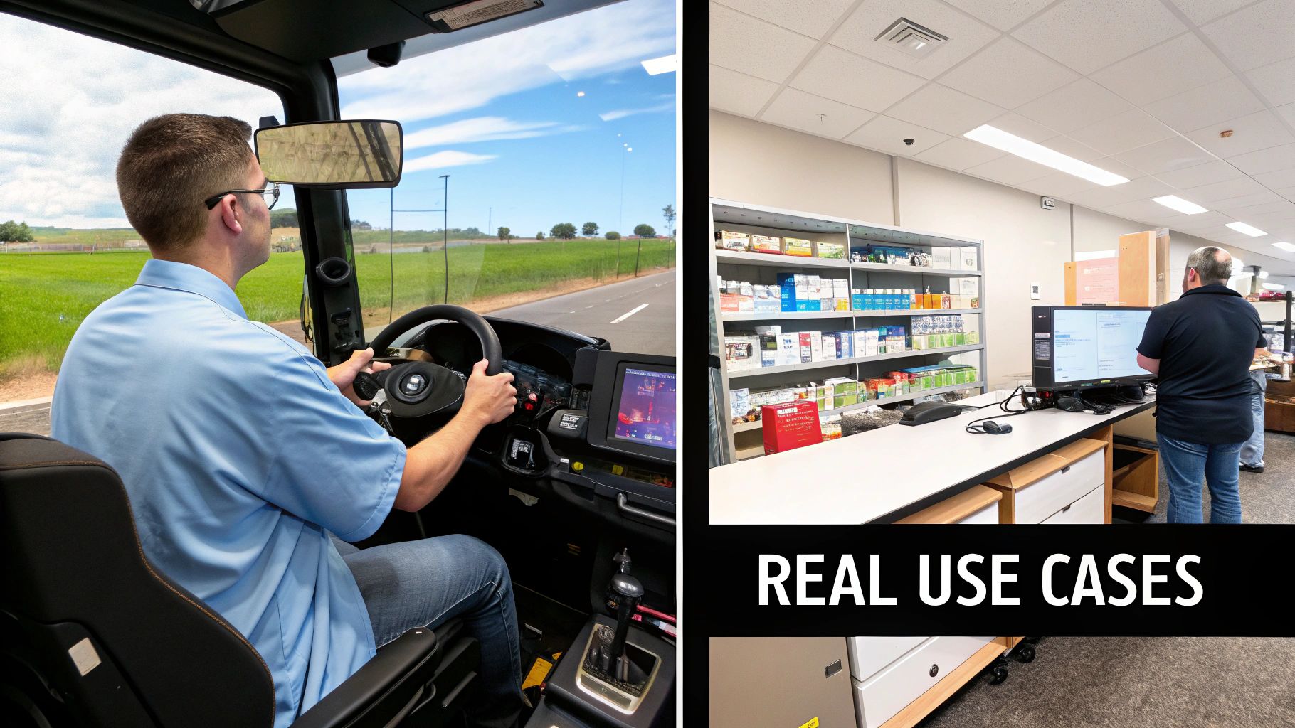 Two real-world scenarios: a man driving a vehicle and another working at a computer, demonstrating practical applications.