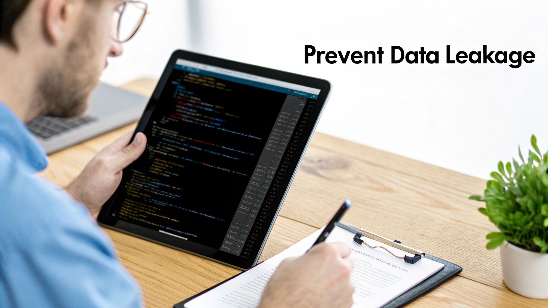 A person works on a tablet displaying code and writes on a document, promoting data leakage prevention.