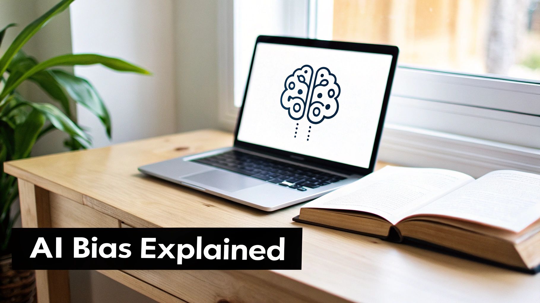 A laptop showing a brain icon and an open book on a wooden desk, with 'AI Bias Explained' text.