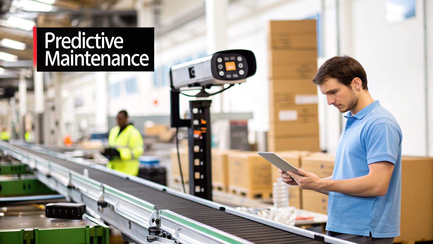 A man in a factory monitors a conveyor belt system using a tablet for predictive maintenance.