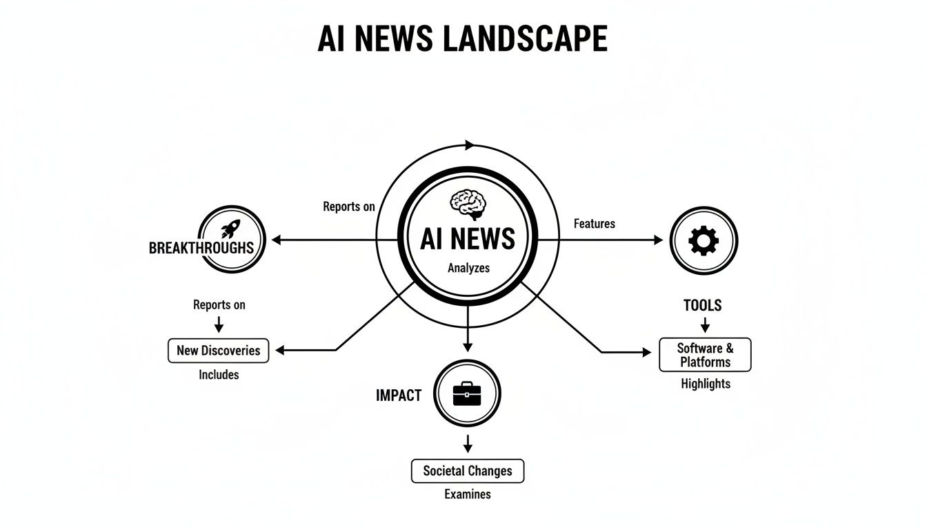 A black and white diagram illustrating the AI News Landscape, analyzing breakthroughs, tools, and societal impact.