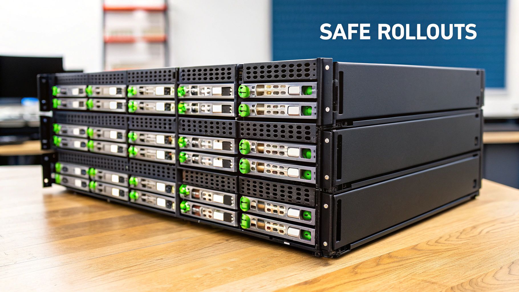 Multiple black server racks with green illuminated components stacked on a wooden table, text 'SAFE ROLLOUTS' in background.