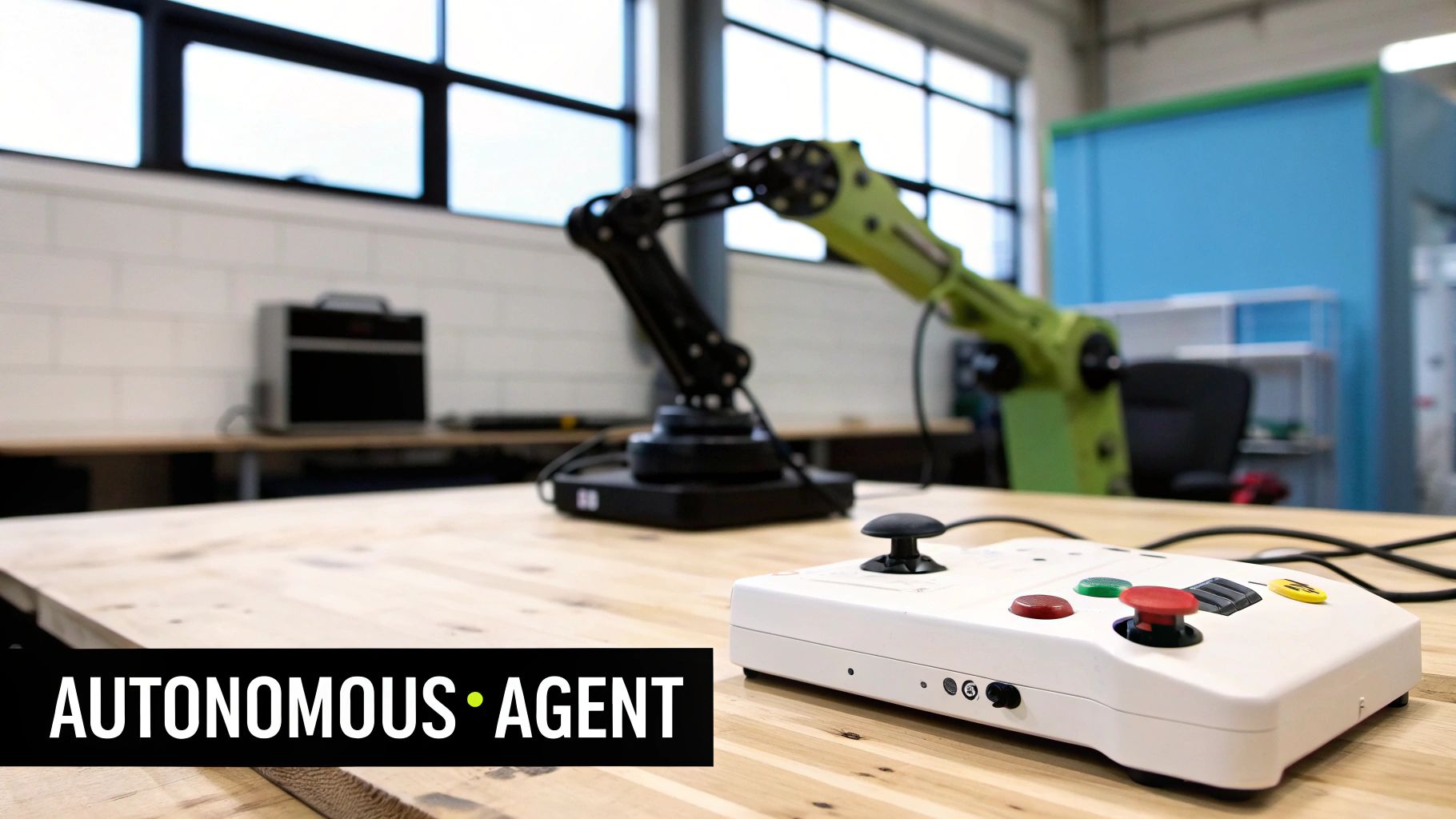 A white industrial joystick controller on a wooden table, with a robotic arm and lab equipment in the background, text 'AUTONOMOUS AGENT'.
