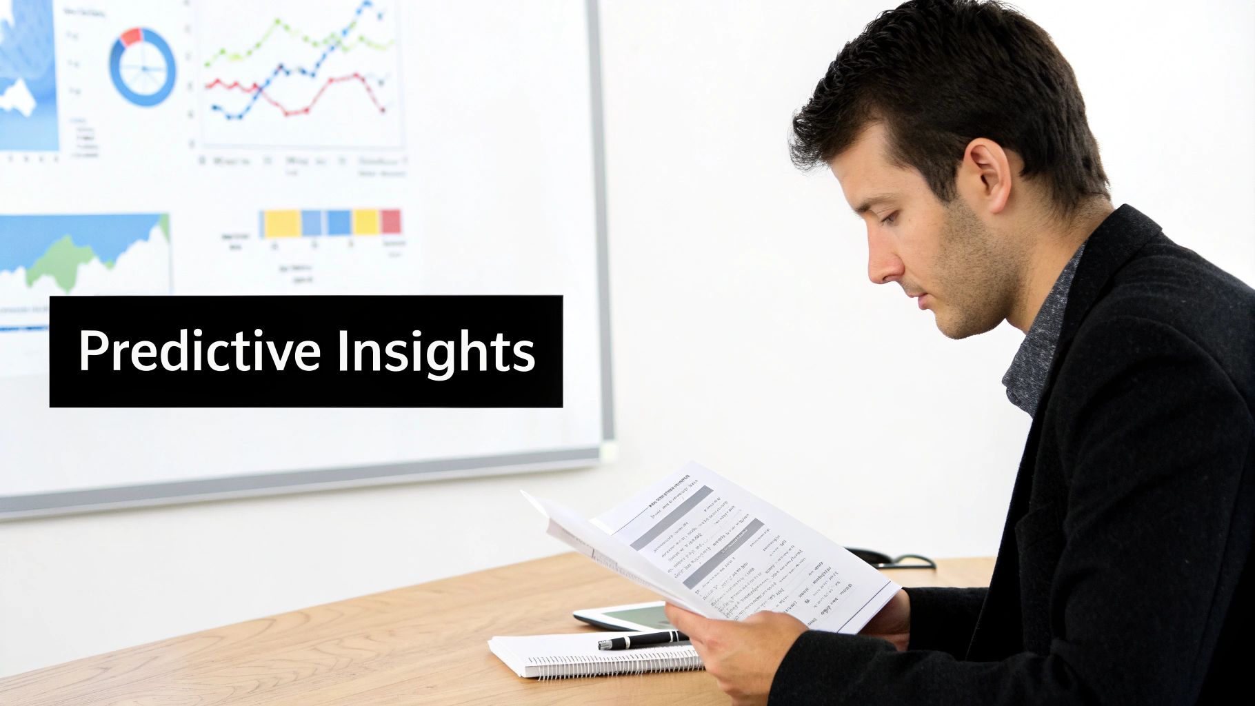 A professional reviews documents and charts, focused on data for predictive insights.