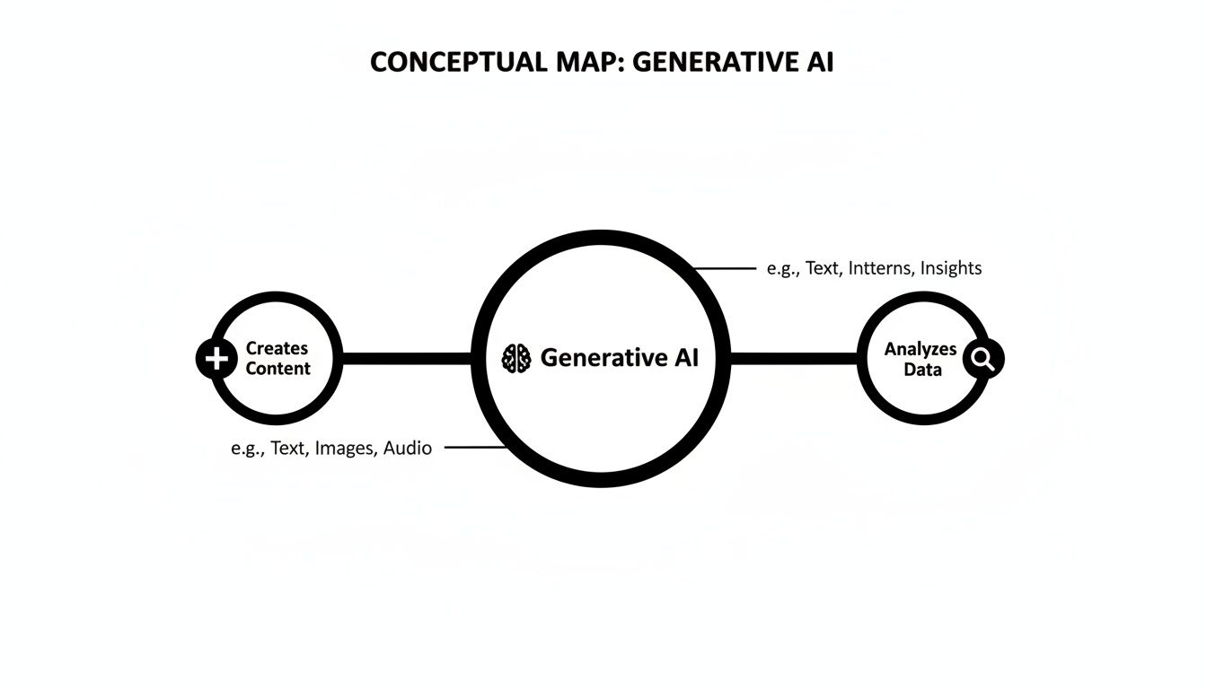 A conceptual map illustrating Generative AI, showcasing its abilities to create content like text, images, and audio, and analyze data.