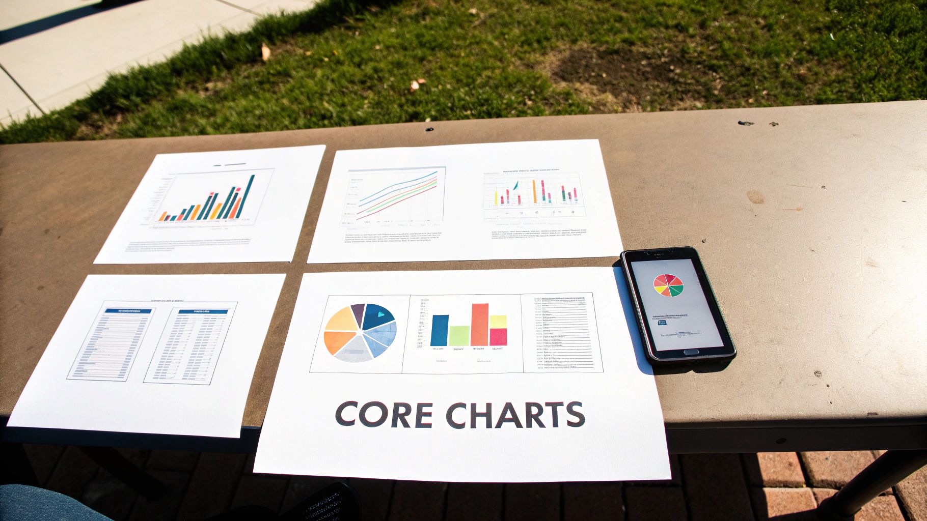 Various data visualization charts and tables on a table, including a smartphone displaying a pie chart.