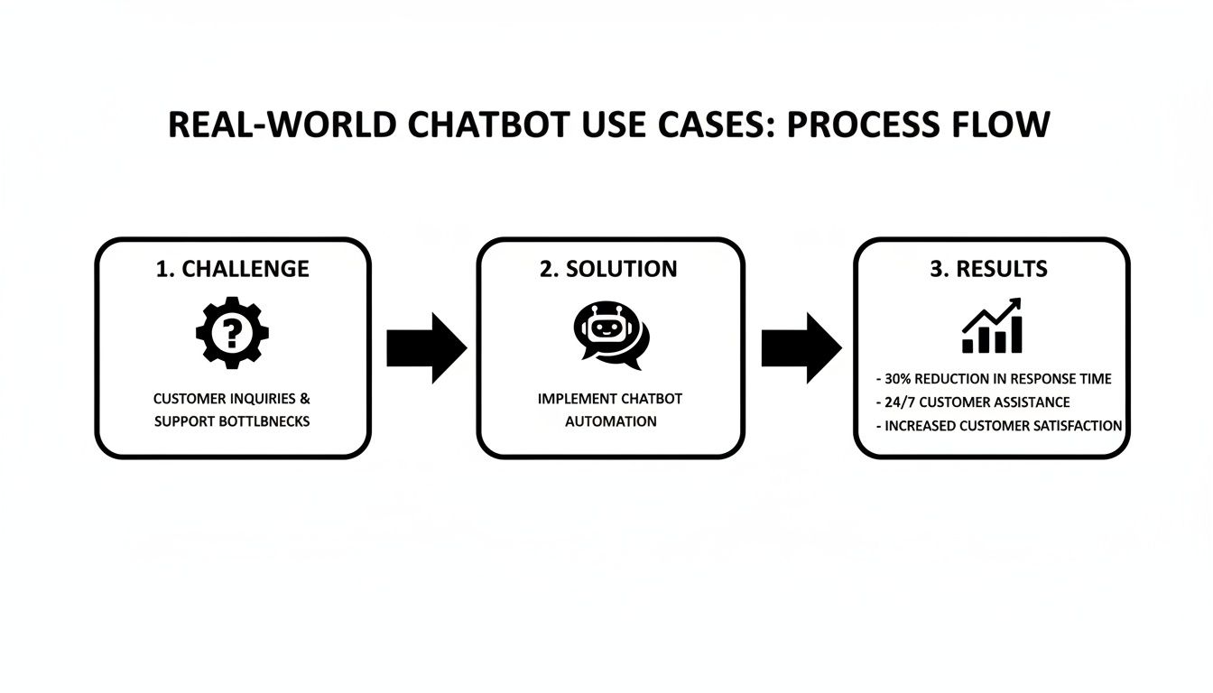 A process flow diagram illustrating chatbot use cases, from customer support challenges to automation solution and improved results.